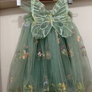 Green Floral Tulle Kids Casual Dress with Butterfly Accent